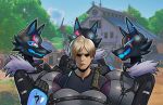  anthro barn big_breasts black_body black_clothing black_coat black_fur black_topwear blonde_hair blue_eyelashes blue_inner_ear blue_mouth breast_squish breasts breasts_everywhere canid canine canis clothing coat epic_games facial_scar female fortnite fur fur_trim_(clothing) group hair human leon_kennedy_(resident_evil) male male/female mammal outside pack_leader_highwire paulmcicedtea scar squish straps surrounded topwear wolf 