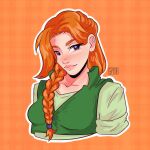  1girl artist_name blue_eyes braid green_shirt highres leah_(stardew_valley) lipstick long_hair looking_at_viewer makeup orange_background orange_hair shirt simple_background siropeart solo stardew_valley upper_body 