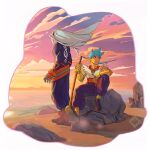  2boys blue_eyes blue_pants border breath_of_fire breath_of_fire_iv english_commentary facing_away fou-lu frown gauntlets grey_hair highres holding holding_sword holding_weapon jewelry lucas_marques male_focus multiple_boys muscular muscular_male necklace pants ponytail ryuu_(breath_of_fire_iv) shirt sitting_on_rock sunset sword weapon white_border white_shirt 