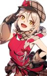  1girl :d adjusting_clothes adjusting_headwear aduti_momoyama bike_shorts black_gloves black_shorts bow braid breasts brown_headwear brown_scarf cabbie_hat dress fire_emblem fire_emblem_engage framme_(fire_emblem) gloves grey_hair hair_between_eyes hair_ribbon hand_on_own_hip hat hat_bow highres index_finger_raised long_hair looking_at_viewer medium_breasts multicolored_hair pink_bow pink_dress pink_hair plaid plaid_headwear plaid_scarf red_bow red_ribbon ribbon scarf scarf_bow short_dress shorts simple_background single_braid sleeveless sleeveless_dress smile solo two-tone_bow two-tone_hair white_background white_bow yellow_eyes 