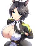  1girl ahoge animal_ears arm_behind_back black_gloves black_hair black_jacket black_necktie blue_eyes breasts center_frills cleavage closed_mouth collared_shirt commentary_request cowboy_shot ear_ornament ear_piercing frilled_shirt frills fuji_kiseki_(umamusume) gloves highres horse_ears horse_girl jacket large_breasts light_blush long_sleeves looking_at_viewer multicolored_hair necktie open_clothes open_jacket pataneet piercing shirt short_hair sidelocks simple_background smile solo standing umamusume underbust white_background white_hair white_shirt 