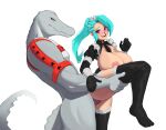  absurd_res akeno_(itsnafulol) alligator alligatorid anthro big_breasts black_clothing black_legwear blue_hair breasts clothing crocodilian duo female hair happy happy_sex hi_res huge_breasts human human_on_anthro interspecies kamishiro69 legwear maid_uniform male male/female mammal muscular muscular_anthro muscular_male purple_eyes raised_leg reptile scalie sex size_difference tail uniform vaginal 