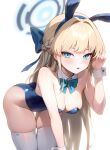  1girl absurdres animal_ears aqua_bow aqua_bowtie ass bare_shoulders blonde_hair blue_archive blue_bow blue_eyes blue_halo blue_leotard blurry blush bow bowtie braid breasts cleavage commentary depth_of_field detached_collar fake_animal_ears french_braid groin hair_bow hair_intakes halo hand_up highleg highleg_leotard highres leaning_forward leotard looking_at_viewer medium_breasts official_alternate_costume official_alternate_hairstyle playboy_bunny qserax2 rabbit_ears simple_background skindentation solo strapless strapless_leotard thigh_gap thighhighs thighs toki_(blue_archive) toki_(bunny)_(blue_archive) white_background white_thighhighs white_wrist_cuffs 