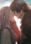  1boy 1girl beard black_hair braid clive_rosfield closed_eyes couple edamameoishii facial_hair final_fantasy final_fantasy_xvi gloves grey_hair highres imminent_kiss jill_warrick leather_vest long_hair neck_ribbon ribbon scar scar_on_face single_braid upper_body 