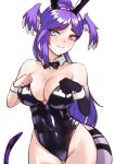  1girl animal_ears black_bow black_bowtie blue_eyes blush bow bowtie breasts bunny_day cipher4109 cleavage dragon_girl dragon_tail fake_animal_ears head_wings heterochromia high_ponytail highres long_hair looking_at_viewer nijisanji nijisanji_en playboy_bunny pointy_ears purple_eyes purple_hair rabbit_ears selen_tatsuki simple_background solo tail virtual_youtuber white_background wings 