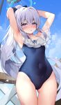  1girl armpits arms_behind_head blue_archive blue_halo blue_one-piece_swimsuit blue_sky blush breasts cloud covered_navel day grey_hair halo highres long_hair looking_at_viewer miyako_(blue_archive) miyako_(swimsuit)_(blue_archive) official_alternate_costume one-piece_swimsuit outdoors parted_lips pinki_o64 purple_eyes shower_head sky small_breasts solo swimsuit thighs very_long_hair wet 