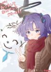  1girl absurdres blue_archive brown_cardigan cardigan commentary_request enobun3gyo hair_ornament halo highres long_sleeves looking_at_viewer outdoors parted_bangs purple_eyes purple_hair red_scarf scarf selfie smile snow snowman solo triangle_hair_ornament v yuuka_(blue_archive) 