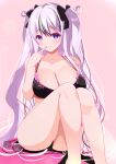  1girl absurdres azur_lane bare_legs black_bra black_panties bow bra breasts cleavage elbe_(azur_lane) finger_to_mouth hair_bow highres lace-trimmed_bra lace_trim large_breasts lingerie looking_at_viewer multicolored_hair origami_aya panties pink_trim purple_hair sitting streaked_hair sunglasses two_side_up underwear underwear_only unworn_eyewear 