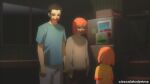 1boy 2girls artist_name black_hair black_skirt blue_shirt blurry blurry_background brown_sweater cioccolatodorima clown_mask family father_and_daughter grey_pants highres horror_(theme) indoors looking_at_another mask mcdonald&#039;s mother_and_daughter multiple_girls orange_hair orange_shirt pants red_shirt shirt short_hair short_sleeves skirt sweater two-tone_shirt window 