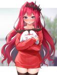  1girl :o animal baobhan_sith_(fate) black_hair blush cernunnos_(fate) collarbone commentary_request dress fate/grand_order fate_(series) hair_ornament highres holding holding_animal hoshino_reiji long_hair looking_at_viewer pointy_ears purple_eyes red_hair red_sweater ribbed_sweater solo sweater sweater_dress very_long_hair zettai_ryouiki 