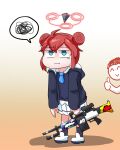  1boy 1girl ahoge arona&#039;s_sensei_doodle_(blue_archive) blue_archive blue_eyes c/h collared_shirt double_bun english_commentary general_dynamics_lwmmg gun hair_between_eyes hair_bun halo holding holding_gun holding_weapon korean_commentary looking_at_viewer maki_(blue_archive) medium_hair mixed-language_commentary pleated_skirt red_hair school_uniform sensei_(blue_archive) shirt sidelocks skirt thumbs_up weapon 