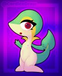  anthro blush cordicedraw cute_expression female generation_5_pokemon green_body hi_res kneeling navel nintendo nipples pokemon pokemon_(species) red_eyes reptile scalie short_stack snake snivy solo tail thick_thighs 