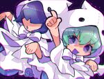  1boy 1girl black_background blue_hair blush bow brother_and_sister chromatic_aberration commentary doradorakingyo ghost_costume ghost_pose green_hair hair_over_eyes hitodama index_finger_raised open_mouth purple_eyes puyopuyo puyopuyo_fever rei_(puyopuyo) short_hair siblings symbol-only_commentary twitter_username white_bow yu_(puyopuyo) 