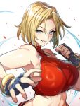  1girl black_gloves blonde_hair blue_eyes breasts clenched_hand fingerless_gloves gloves highres jewelry necklace open_mouth original red_tube_top senri_gan short_hair sleeveless smile solo stomach strapless tube_top white_background 