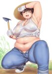  1girl arm_up armpits blue_pants blush breasts brown_eyes brown_hair character_request copyright_request covered_nipples foot_out_of_frame gloves hair_between_eyes hat highres holding holding_shovel large_breasts looking_at_viewer midriff navel one_eye_closed open_mouth orizen outdoors pants plump puffy_nipples short_hair shovel solo squatting sweat tank_top tareme thick_arms thick_thighs thighs trowel white_background white_gloves 