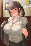 1girl blush breasts brown_hair chestnut_mouth dress_shirt formal ginyanagi highres large_breasts long_hair office_lady original ponytail poster_(object) see-through see-through_shirt shirt suit sweat undressing white_shirt 