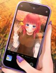  1girl alternate_costume autumn autumn_leaves blue_eyes blunt_bangs blush breasts brown_sweater_vest cellphone commentary day fingernails go-toubun_no_hanayome grin hair_down hand_up happy highres holding holding_leaf holding_phone kakato_0 large_breasts leaf long_fingernails long_sleeves looking_at_viewer medium_hair nail_polish nakano_nino ok_sign outdoors park phone purple_nails red_eyes selfie shirt smartphone smile solo star_(symbol) star_print straight_hair sweater_vest tree upturned_eyes viewfinder white_shirt 