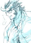  1boy adjusting_clothes adjusting_necktie alternate_costume bara bespectacled broken_horn collared_shirt demon_boy demon_horns facial_hair fang glasses horns large_pectorals long_sideburns looking_away loose_necktie male_focus mature_male monochrome mugi_(pixiv_187163) muscular muscular_male necktie partially_unbuttoned pectoral_cleavage pectorals salaryman scar scar_on_neck shirt short_hair sideburns sigh solo stubble sweatdrop takemaru_(azur_lane) takemaru_(housamo) thick_eyebrows tokyo_afterschool_summoners translation_request upper_body 