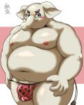  absurd_res anthro belly blue_eyes blush bulge clothing detailed_bulge elephant elephantid fupa grey_body hi_res hizen_(tamacolle) male mammal nipples overweight proboscidean proboscis_(anatomy) pulling_down_underwear solo tamacolle thong trunk_(anatomy) tusks underwear yamatoji201 