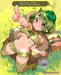  absurd_res ahoge backpack blush blush_lines bottomwear breasts brown_horn clothed clothing colored_nails dialogue eyebrow_through_hair eyebrows eyelashes female gesture grass green_bottomwear green_clothing green_hair green_legwear green_nails green_shorts green_topwear hair hi_res holding_object holding_stick horn horned_humanoid humanoid humanoid_pointy_ears korok legwear looking_at_viewer mask mask_on_head nails navel nintendo nipple_outline not_furry plant pointing short_hair shorts skindentation snegovski solo speech_bubble stick talking_to_viewer tan_body tan_skin tears_of_the_kingdom text the_legend_of_zelda thick_eyebrows thick_thighs topwear translucent translucent_hair under_boob wide_hips yellow_eyes 