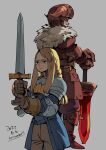  1boy 1girl agrias_oaks armor blonde_hair boots braid closed_mouth dated facial_hair fake_horns final_fantasy final_fantasy_tactics gloves goffard_gaffgarion grey_hair helmet highres horns hounori long_hair mustache simple_background single_braid sword weapon 