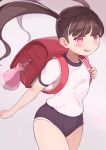  1girl backpack bag black_hair buruma gym_uniform hair_tie kai_ooo1 long_hair looking_at_viewer open_mouth original panties panties_under_buruma pink_eyes randoseru red_bag shirt solo t-shirt twintails underwear 