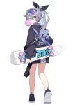  1girl alternate_costume black_footwear black_hoodie bow bubble_blowing chewing_gum crossed_bangs eyewear_on_head fanny_pack full_body grey_hair hair_between_eyes hair_bow heel_up highres holding holding_skateboard honkai:_star_rail honkai_(series) hood hoodie long_hair long_sleeves looking_at_viewer looking_back ponytail shoes silver_wolf_(honkai:_star_rail) simple_background skateboard sneakers solo suimz sunglasses walking white_background yellow_eyes 