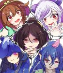  5boys animal_ears black_hair brown_hair circlet commentary_request crazy_eyes crazy_smile dog_ears eyes_visible_through_headwear flower flower_on_head hair_between_eyes highres horns kana_(user_rkuc4823) mitsugashira_enoko multiple_boys nippaku_zanmu own_hands_together pink_horns pointy_ears purple_eyes purple_hair red_eyes single_horn smile son_biten tenkajin_chiyari touhou unfinished_dream_of_all_living_ghost yomotsu_hisami 