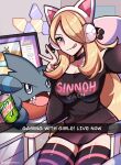  1girl :q alternate_eye_color animal_ear_headphones animal_ears black_choker black_shirt blonde_hair blue_eyes breasts can cat_ear_headphones choker cynthia_(pokemon) desk english_commentary fake_animal_ears gible hair_over_one_eye headphones highres keyboard_(computer) large_breasts long_sleeves looking_at_viewer monitor mountain_dew pokemon pokemon_(creature) pokemon_(game) pokemon_dppt shirt sitting soda_can striped striped_thighhighs swivel_chair thighhighs thighs tongue tongue_out touyarokii v 