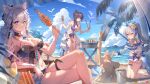  3girls absurdres animal_ear_fluff animal_ears beach bronya_zaychik bronya_zaychik_(herrscher_of_truth) cat_ears day grey_hair high_ponytail highres holding_tongs honkai_(series) honkai_impact_3rd kiana_kaslana kiana_kaslana_(herrscher_of_finality) long_hair multiple_girls outdoors purple_hair raiden_mei raiden_mei_(herrscher_of_origin) swimsuit white_hair yolanda 