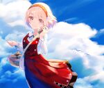  1girl basket blue_sky closed_mouth cloud commentary dress fire_emblem fire_emblem_engage floating_clothes floating_hair food hair_ribbon hairband highres holding kwz_ini lapis_(fire_emblem) long_dress long_sleeves looking_at_viewer pink_eyes pink_hair red_dress ribbon short_hair sky solo symbol-only_commentary 