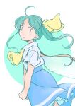  1girl ahoge ascot blue_dress blush closed_mouth commentary_request daiyousei dress fairy fairy_wings green_eyes green_hair long_hair rangycrow shirt short_sleeves side_ponytail solo touhou white_shirt wings yellow_ascot 