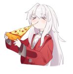  &gt;_&lt; 1girl clara_(honkai:_star_rail) cropped_torso eating food grey_hair highres holding holding_food honkai:_star_rail honkai_(series) jacket layered_sleeves long_hair long_sleeves pizza pizza_slice red_jacket riya_(01214) simple_background solo upper_body white_background wide_sleeves 