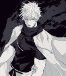  1boy belt blue_eyes closed_mouth gojou_satoru greyscale highres jujutsu_kaisen kira_(kirariky) looking_away male_focus monochrome open_clothes open_robe pants robe scarf shirt short_hair short_sleeves solo spot_color 