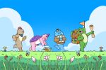  animal backpack bag bee blue_sky bug closed_eyes cloud controller flower frog froggy_friends game_controller grass highres holding holding_map map official_art open_mouth outdoors pink_flower propeller_hat sky 