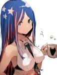  1girl between_breasts black_necktie blue_eyes blue_hair breasts closed_mouth crop_top cup highres holding holding_cup kantai_collection large_breasts long_hair looking_at_viewer mug multicolored_hair necktie necktie_between_breasts red_hair shirt simple_background sketch sleeveless sleeveless_shirt solo south_dakota_(kancolle) star_(symbol) sunday_aki upper_body white_background white_hair 