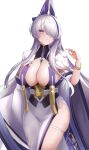  1girl absurdres azur_lane breasts cowboy_shot dress hair_over_one_eye highres japanese_clothes jersum large_breasts long_hair looking_at_viewer multicolored_hair purple_eyes purple_hair side_slit simple_background solo standing streaked_hair two-tone_hair unzen_(azur_lane) very_long_hair white_background white_dress white_hair 