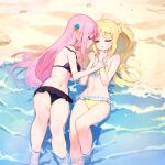  2girls ahoge ai-assisted arm_grab bare_legs barefoot beach bikini black_bikini blonde_hair blush bocchi_the_rock! breasts clenched_hands closed_eyes commentary_request cube_hair_ornament curvy feet_out_of_frame frilled_bikini frills front-tie_bikini_top front-tie_top gotou_hitori hair_ornament hair_over_shoulder hair_spread_out halterneck hands_up highres ijichi_nijika imminent_kiss kadohusa_ginpo knee_up knees_together_feet_apart large_breasts long_hair lying midriff multiple_girls navel nose ocean off_shoulder on_back one_side_up outdoors parted_bangs parted_lips pink_hair profile red_ribbon ribbon shiny_skin side-by-side side_ponytail sidelocks small_breasts soaking_feet stomach swimsuit very_long_hair waves wet wet_hair white_ribbon yellow_bikini yuri 