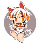  1girl :3 animal_ears barefoot bell blush cat_ears cat_tail closed_mouth extra_ears full_body goutokuji_mike ini_(inunabe00) jingle_bell multicolored_hair orange_eyes orange_hair patch shirt short_hair short_sleeves shorts smile solo streaked_hair tail touhou white_hair white_shirt white_shorts 