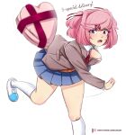 1girl :o absurdres artist_name bent_over blazer blue_skirt blush box box_of_chocolates brown_jacket brown_sweater_vest commentary doki_doki_literature_club dress_shirt embarrassed english_commentary english_text eyelashes foot_out_of_frame from_side furrowed_brow gift gift_box hair_ornament hair_ribbon hair_strand hand_on_own_chest heart heart-shaped_box highres incoming_attack incoming_gift jacket kneehighs leaning_forward long_sleeves looking_at_viewer looking_to_the_side motion_lines natsuki_(doki_doki_literature_club) neck_ribbon open_clothes open_jacket open_mouth patreon_logo patreon_username pink_eyes pink_hair pleated_skirt raion_(raionart) red_ribbon ribbon running school_uniform shirt shoes short_hair shouting simple_background skirt socks solo sweater_vest swept_bangs throwing tsundere two_side_up uwabaki valentine white_background white_footwear white_shirt white_socks x_hair_ornament 