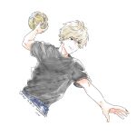  1boy absurdres artist_name ball black_shirt blonde_hair closed_mouth commentary_request cool_doji_danshi dated futami_shun highres holding holding_ball male_focus nata_kokone outstretched_arm shirt short_hair short_sleeves simple_background soccer_ball solo upper_body white_background 