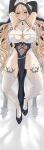  1girl absurdres armpits arms_behind_head azur_lane bangs bed_sheet black_gloves blonde_hair blush breasts dakimakura_(medium) fake_horns full_body gloves habit heart heart-shaped_pupils highres horns implacable_(azur_lane) large_breasts long_bangs long_hair looking_at_viewer lying multiple_views nun on_back orange_eyes oukama pelvic_curtain revealing_clothes smile spread_legs symbol-shaped_pupils thighhighs veil white_thighhighs 