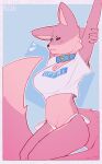  absurd_res anthro blue_collar blue_eyes blush blush_lines bottomwear canid clothed clothing collar female fur hi_res mammal mouth_closed pink_body pink_fur rz54 simple_background simple_eyes sitting solo topwear white_bottomwear white_clothing white_topwear 