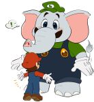  ! 2boys barefoot blue_eyes blue_overalls brothers brown_footwear brown_hair cabbie_hat elephant_boy elephant_ears elephant_luigi elephant_tail facial_hair gloves green_headwear hat height_difference highres incoming_hug initial letter_print luigi mario mario_(series) mimimi_(mimimim9999) multiple_boys mustache outstretched_arms overalls red_headwear shoes siblings size_difference spoken_exclamation_mark super_mario_bros._wonder white_gloves 