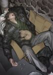  1boy absurdres black_coat box brown_hair cardboard_box chamuring cigarette closed_eyes coat cobblestone dog drooling feet_out_of_frame green_sweater grey_pants highres itou_kaiji kaiji long_hair long_sleeves male_focus open_mouth pants puffy_coat sleeping solo sweater trash trash_bag zipper 