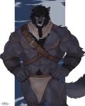  anthro armor big_muscles black_hair body_hair bottomwear bracers canid canine canis chest_hair claws clothing coffeline fur grey_body grey_fur grin hair hands_on_hips hi_res loincloth looking_at_viewer male mammal muscular muscular_anthro muscular_male neckerchief pecs pubes ronin_(innovator_aegis) scar shirtless smile solo standing were werecanid werecanine werewolf wolf yellow_eyes 