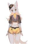  absurd_res anthro belly beret bottomwear canid canine clothing female fox fur grey_eyes hair hat headgear headwear hi_res looking_at_viewer mammal midriff navel shirt shorts simple_background solo tail thick_thighs topwear uniform utterangle white_body white_fur white_hair wide_hips 