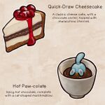  cheesecake commentary cup english_commentary english_text food food_focus highres hot_chocolate no_humans original outline websmunks white_outline 