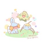  ^_^ animal_focus artist_name asakoline blue_skin bug closed_eyes colored_skin commentary_request jumping mudkip no_humans on_grass open_mouth pokemon pokemon_(creature) shroomish sitting smile surskit white_background 
