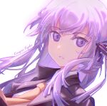  1girl black_jacket black_ribbon braid brown_necktie character_name collared_shirt danganronpa:_trigger_happy_havoc danganronpa_(series) dhsauce grey_background hair_ribbon highres jacket kirigiri_kyoko long_hair necktie parted_lips pink_eyes pink_hair ribbon shirt side_braid simple_background solo teeth upper_body white_shirt 